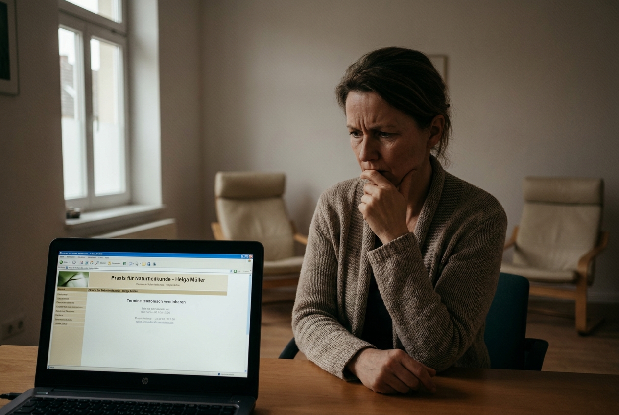 Heilpraktikerin schaut besorgt auf ihre veraltete Website